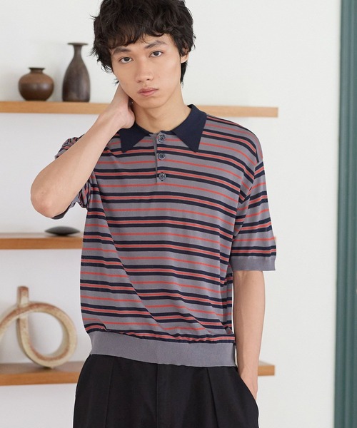 PBLIM(ページボーイリム)の「《UNISEX/接触冷感》シアボーダーポロ 配色デザイン / ポロ襟 / マルチボーダー(ポロシャツ・レディース・ホワイト系/ネイビー系/グレー系・FREE)」の1枚目の写真