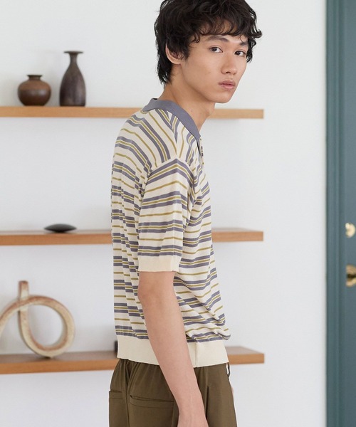 PBLIM(ページボーイリム)の「《UNISEX/接触冷感》シアボーダーポロ 配色デザイン / ポロ襟 / マルチボーダー(ポロシャツ・レディース・ホワイト系/ネイビー系/グレー系・FREE)」の4枚目の写真