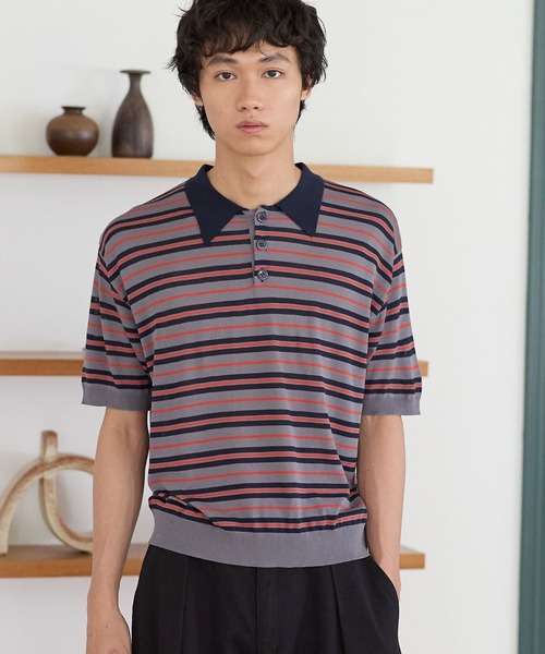 PBLIM(ページボーイリム)の「《UNISEX/接触冷感》シアボーダーポロ 配色デザイン / ポロ襟 / マルチボーダー(ポロシャツ・レディース・ホワイト系/ネイビー系/グレー系・FREE)」の6枚目の写真