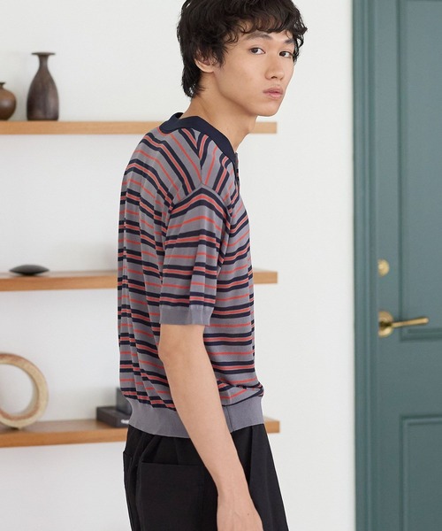 PBLIM(ページボーイリム)の「《UNISEX/接触冷感》シアボーダーポロ 配色デザイン / ポロ襟 / マルチボーダー(ポロシャツ・レディース・ホワイト系/ネイビー系/グレー系・FREE)」の8枚目の写真