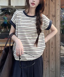 配色ボーダー リンガー半袖Tシャツ レディース