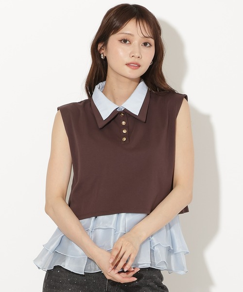 AND COUTURE(アンドクチュール)の「Wカラーフレンチスリーブカットプルオーバー×キャミセット(Tシャツ/カットソー・レディース・イエロー/アイボリー/ネイビー/ブラウン・FREE)」の3枚目の写真
