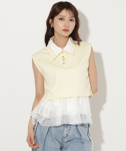 AND COUTURE(アンドクチュール)の「Wカラーフレンチスリーブカットプルオーバー×キャミセット(Tシャツ/カットソー・レディース・イエロー/アイボリー/ネイビー/ブラウン・FREE)」の4枚目の写真