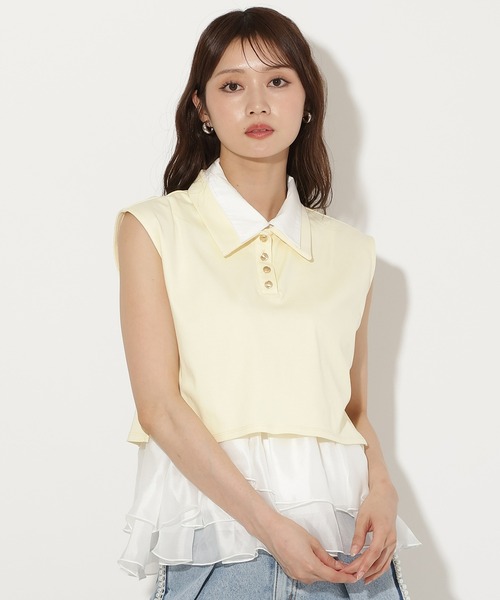 AND COUTURE(アンドクチュール)の「Wカラーフレンチスリーブカットプルオーバー×キャミセット(Tシャツ/カットソー・レディース・イエロー/アイボリー/ネイビー/ブラウン・FREE)」の8枚目の写真