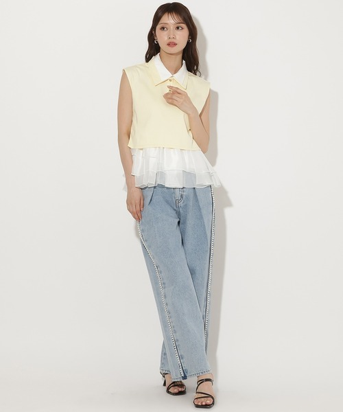 AND COUTURE(アンドクチュール)の「Wカラーフレンチスリーブカットプルオーバー×キャミセット(Tシャツ/カットソー・レディース・イエロー/アイボリー/ネイビー/ブラウン・FREE)」の13枚目の写真