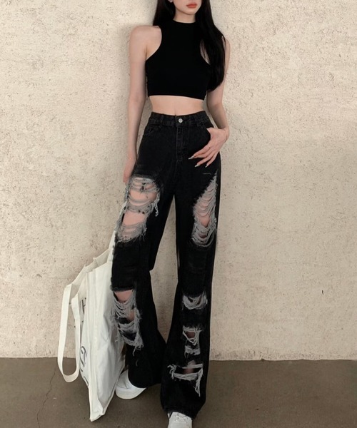 Songe(ソンジュ)の「クラッシュデニムパンツ(デニムパンツ・レディース・ブラック・S/M/L)」の3枚目の写真
