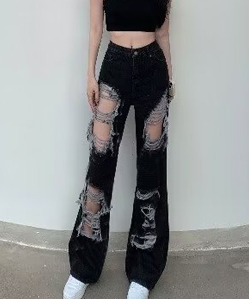 Songe(ソンジュ)の「クラッシュデニムパンツ(デニムパンツ・レディース・ブラック・S/M/L)」の5枚目の写真