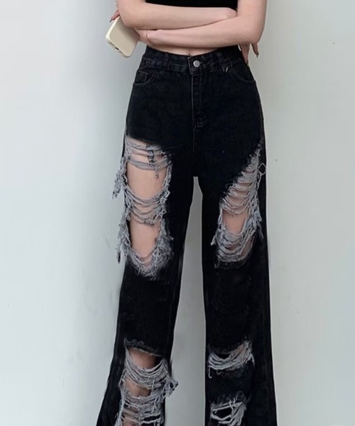 Songe(ソンジュ)の「クラッシュデニムパンツ(デニムパンツ・レディース・ブラック・S/M/L)」の6枚目の写真