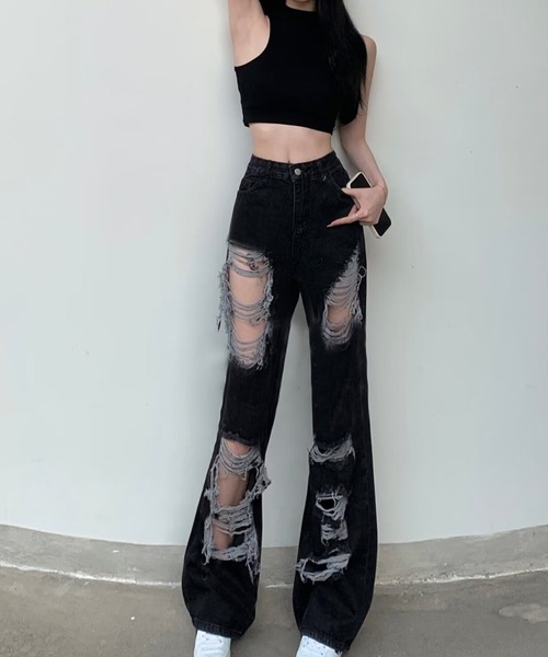 Songe(ソンジュ)の「クラッシュデニムパンツ(デニムパンツ・レディース・ブラック・S/M/L)」の7枚目の写真