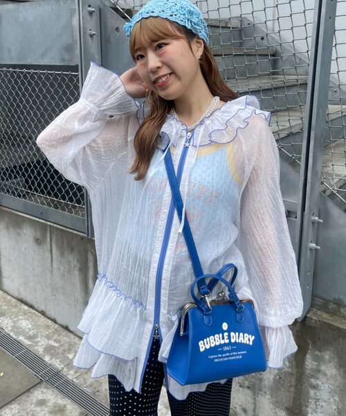HELLO.SANFRANCISCO(ハローサンフランシスコ)の「【HELLO.SANFRANCISCO】アソート柄フリルシアーパーカー(シャツ/ブラウス・レディース・ホワイト/ブラック/オレンジ・ONE SIZE)」の1枚目の写真