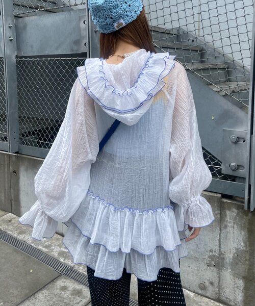 HELLO.SANFRANCISCO(ハローサンフランシスコ)の「【HELLO.SANFRANCISCO】アソート柄フリルシアーパーカー(シャツ/ブラウス・レディース・ホワイト/ブラック/オレンジ・ONE SIZE)」の11枚目の写真