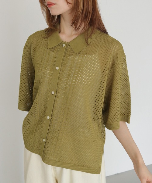 CLEIO(クレイオ)の「【CLEIO】透かし編みポロニット OPENWORK POLO KNIT(ニット/セーター・レディース・アイボリー/テラコッタ/カーキ/ブラック・FREE)」の4枚目の写真