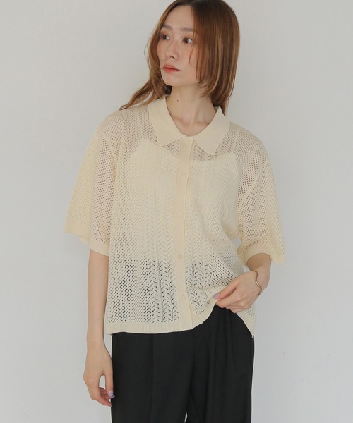 CLEIO(クレイオ)の「【CLEIO】透かし編みポロニット OPENWORK POLO KNIT(ニット/セーター・レディース・アイボリー/テラコッタ/カーキ/ブラック・FREE)」の2枚目の写真