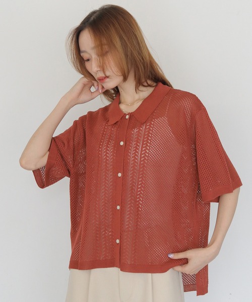 CLEIO(クレイオ)の「【CLEIO】透かし編みポロニット OPENWORK POLO KNIT(ニット/セーター・レディース・アイボリー/テラコッタ/カーキ/ブラック・FREE)」の5枚目の写真