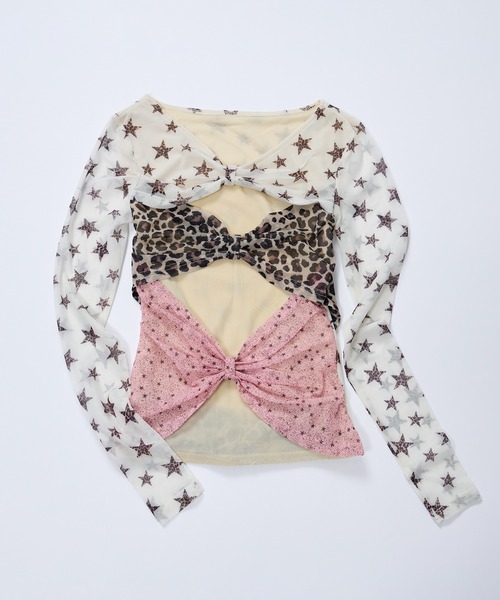 dollslutz（ドルズラッツ）の「【dollslutz】triple bow mesh top /【ﾄﾞﾙｽﾞﾗｯﾂ】トリプルリボンメッシュトップス（Tシャツ/カットソー・レディース・レオパード・FREE）」の2枚目の写真