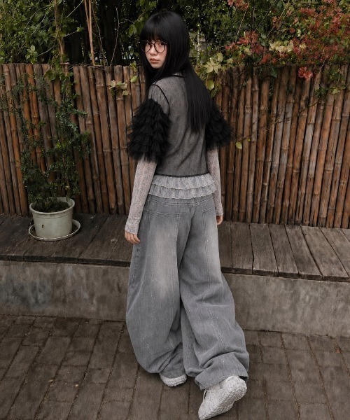 MONO8（モノハチ）の「フリルスリーブシアーTOPS（Tシャツ/カットソー・レディース・グレー/ブラック/オフホワイト/ブルー・M）」の5枚目の写真