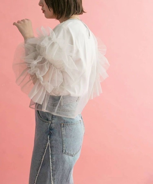 MONO8（モノハチ）の「フリルスリーブシアーTOPS（Tシャツ/カットソー・レディース・グレー/ブラック/オフホワイト/ブルー・M）」の18枚目の写真