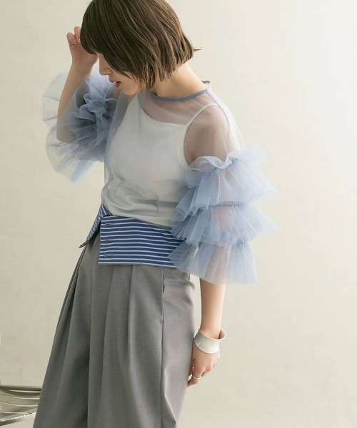 MONO8（モノハチ）の「フリルスリーブシアーTOPS（Tシャツ/カットソー・レディース・グレー/ブラック/オフホワイト/ブルー・M）」の21枚目の写真