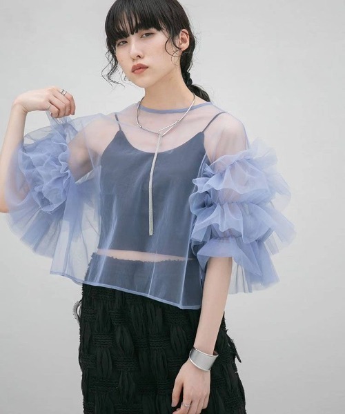 MONO8（モノハチ）の「フリルスリーブシアーTOPS（Tシャツ/カットソー・レディース・グレー/ブラック/オフホワイト/ブルー・M）」の22枚目の写真