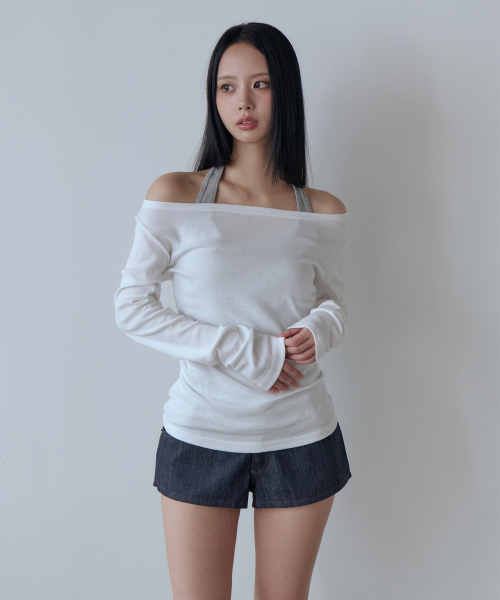 5OML(オーオーエムエル)の「ノースリーブレイヤードオフショルダーロングスリーブ(アイボリー)(Tシャツ/カットソー・レディース・アイボリー・FREE)」の1枚目の写真