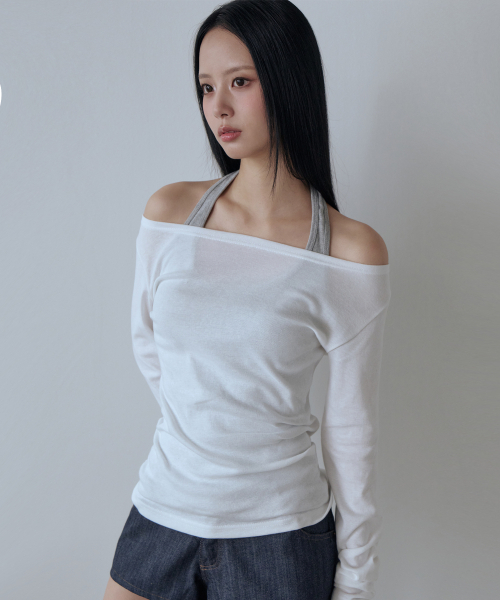 5OML(オーオーエムエル)の「ノースリーブレイヤードオフショルダーロングスリーブ(アイボリー)(Tシャツ/カットソー・レディース・アイボリー・FREE)」の2枚目の写真