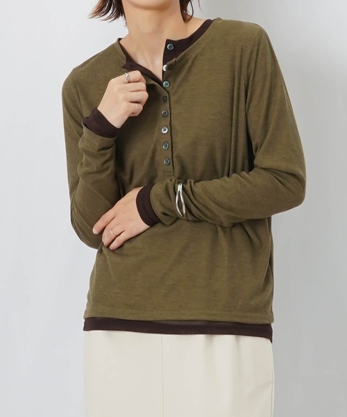 LUCA/LADY LUCK LUCA（ルカ/レディラックルカ）の「LC/LLL リブパワーネットレイヤードヘンリープルオーバー（Tシャツ/カットソー・レディース・ブラック/グレー/カーキ/チャコールグレー・FREE）」の4枚目の写真