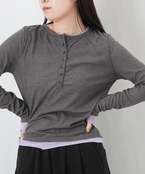 LUCA/LADY LUCK LUCA（ルカ/レディラックルカ）の「LC/LLL リブパワーネットレイヤードヘンリープルオーバー（Tシャツ/カットソー・レディース・ブラック/グレー/カーキ/チャコールグレー・FREE）」の3枚目の写真