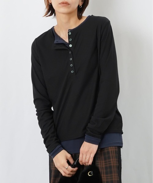 LUCA/LADY LUCK LUCA（ルカ/レディラックルカ）の「LC/LLL リブパワーネットレイヤードヘンリープルオーバー（Tシャツ/カットソー・レディース・ブラック/グレー/カーキ/チャコールグレー・FREE）」の2枚目の写真