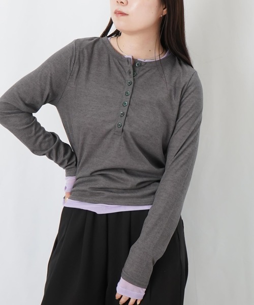 LUCA/LADY LUCK LUCA（ルカ/レディラックルカ）の「LC/LLL リブパワーネットレイヤードヘンリープルオーバー（Tシャツ/カットソー・レディース・ブラック/グレー/カーキ/チャコールグレー・FREE）」の9枚目の写真