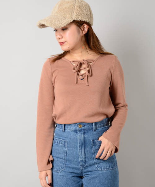 Omekashi（オメカシ）の「レースアップニットソー（Tシャツ/カットソー・レディース・レッド/ブラック/グレー/キャメル・ﾌﾘ-）」の3枚目の写真