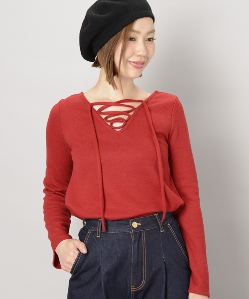 Omekashi（オメカシ）の「レースアップニットソー（Tシャツ/カットソー・レディース・レッド/ブラック/グレー/キャメル・ﾌﾘ-）」の4枚目の写真