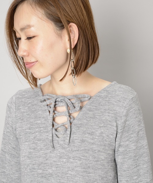 Omekashi（オメカシ）の「レースアップニットソー（Tシャツ/カットソー・レディース・レッド/ブラック/グレー/キャメル・ﾌﾘ-）」の9枚目の写真