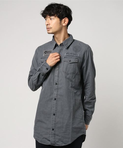 VENCEEXCHANGE（ヴァンスエクスチェンジ）の「デニムワッペン加工ロングシャツ（シャツ/ブラウス・メンズ・ブラック/ネイビー・MEDIUM/LARGE）」の6枚目の写真