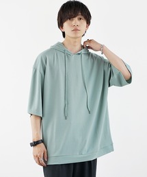 【MinoriTY】ポンチ素材ビッグシルエット半袖パーカー 5分袖プルオーバー Tシャツ 夏服 メンズ 部屋着 オーバーサイズ ルーズシルエット