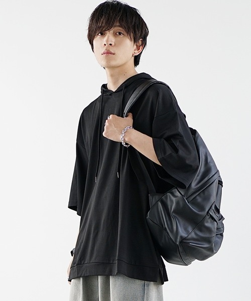 MinoriTY】ポンチ素材ビッグシルエット半袖パーカー 5分袖プルオーバー