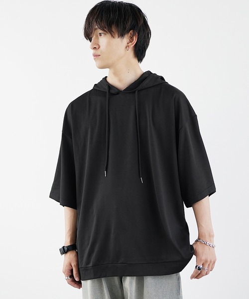 MinoriTY】ポンチ素材ビッグシルエット半袖パーカー 5分袖プルオーバー