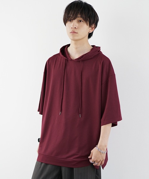 MinoriTY】ポンチ素材ビッグシルエット半袖パーカー 5分袖プルオーバー