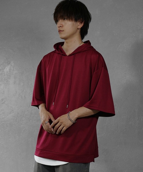 MinoriTY】ポンチ素材ビッグシルエット半袖パーカー 5分袖プルオーバー