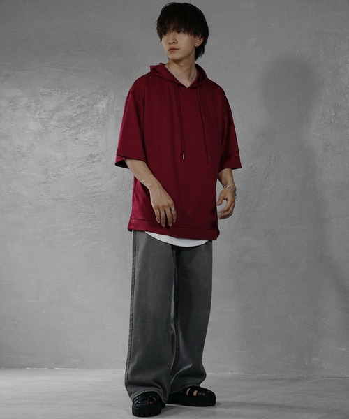 MinoriTY(マイノリティ)の「【MinoriTY】ポンチ素材ビッグシルエット半袖パーカー 5分袖プルオーバー Tシャツ 夏服 メンズ 部屋着 オーバーサイズ ルーズシルエット(パーカー・メンズ・ホワイト/ブラック/ネイビー/グレー/グリーン/ワイン/グリーン系その他/ブルーグレー・M/L/S)」の20枚目の写真