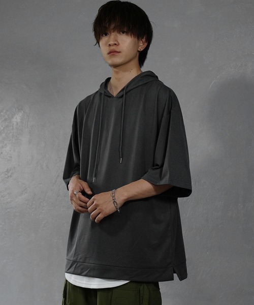 MinoriTY】ポンチ素材ビッグシルエット半袖パーカー 5分袖プルオーバー