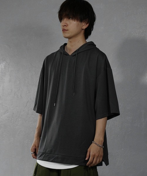 MinoriTY】ポンチ素材ビッグシルエット半袖パーカー 5分袖プルオーバー