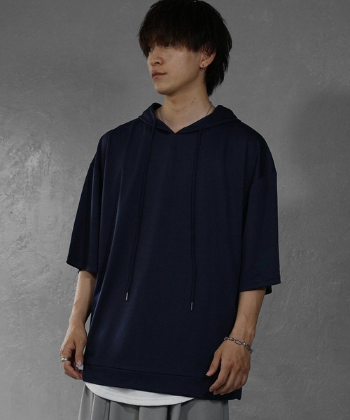 MinoriTY(マイノリティ)の「【MinoriTY】ポンチ素材ビッグシルエット半袖パーカー 5分袖プルオーバー Tシャツ 夏服 メンズ 部屋着 オーバーサイズ ルーズシルエット(パーカー・メンズ・ホワイト/ブラック/ネイビー/グレー/グリーン/ワイン/グリーン系その他/ブルーグレー・M/L/S)」の14枚目の写真