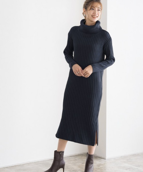 Pierrot（ピエロ）の「タートルネックリブニットワンピース（ワンピース・レディース・ブラック/ネイビー/ブラウン/アイボリー/杢グレー/ベージュ系その他/ダークカーキ/ブラウン系その他/ピンク/ブルー/バーガンディー・M/L）」の9枚目の写真