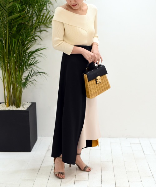 Eimee Law（エイミーロウ）の「シェルボタンデザイン配色切替SK（スカート・レディース・アイボリー/ブラック/ミント・38）」の7枚目の写真