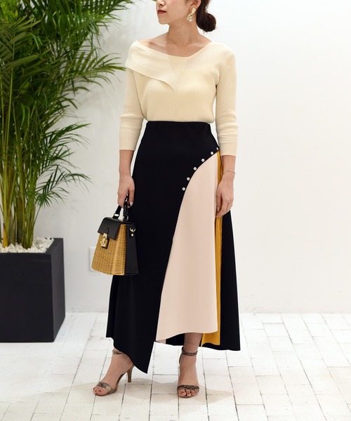 Eimee Law（エイミーロウ）の「シェルボタンデザイン配色切替SK（スカート・レディース・アイボリー/ブラック/ミント・38）」の4枚目の写真