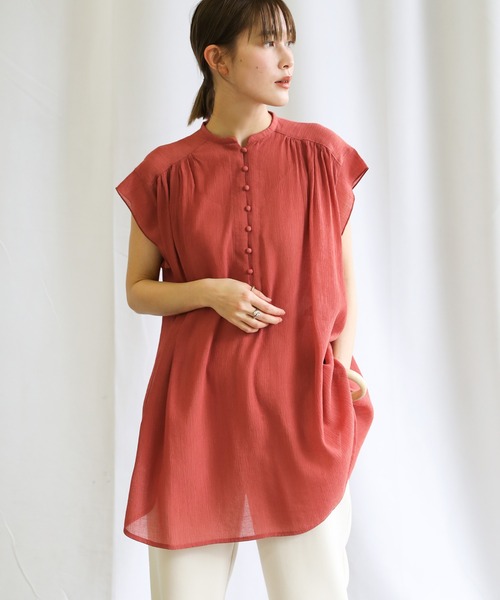 select MOCA（セレクトモカ）の「2021 SS シフォン楊柳バンドカラーブラウス（バンドカラーフレンチスリーブシアートップス）（シャツ/ブラウス・レディース・ホワイト/ライトブルー/ブラック/ベージュ/カーキオリーブ/レンガ・FREE）」の6枚目の写真