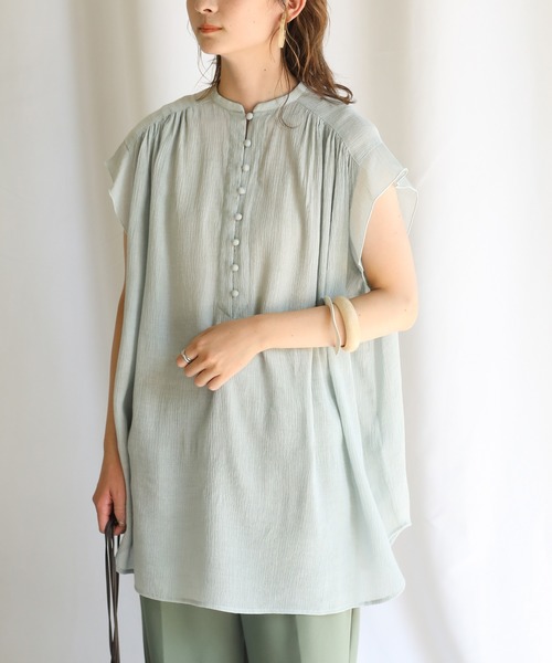 select MOCA（セレクトモカ）の「2021 SS シフォン楊柳バンドカラーブラウス（バンドカラーフレンチスリーブシアートップス）（シャツ/ブラウス・レディース・ホワイト/ライトブルー/ブラック/ベージュ/カーキオリーブ/レンガ・FREE）」の5枚目の写真