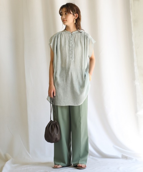 select MOCA（セレクトモカ）の「2021 SS シフォン楊柳バンドカラーブラウス（バンドカラーフレンチスリーブシアートップス）（シャツ/ブラウス・レディース・ホワイト/ライトブルー/ブラック/ベージュ/カーキオリーブ/レンガ・FREE）」の7枚目の写真