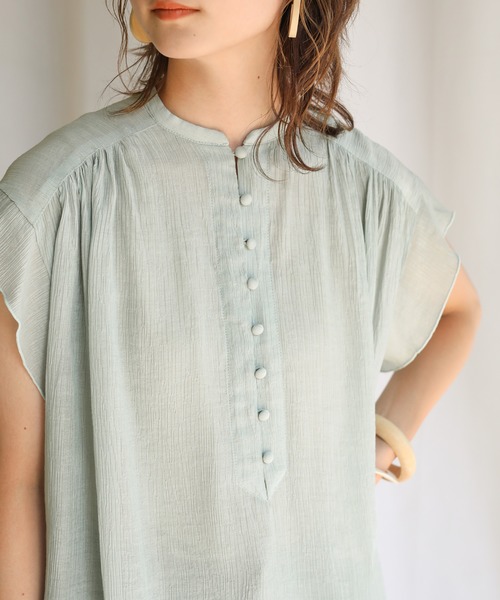 select MOCA（セレクトモカ）の「2021 SS シフォン楊柳バンドカラーブラウス（バンドカラーフレンチスリーブシアートップス）（シャツ/ブラウス・レディース・ホワイト/ライトブルー/ブラック/ベージュ/カーキオリーブ/レンガ・FREE）」の10枚目の写真