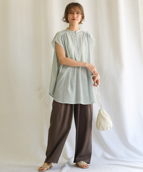 select MOCA（セレクトモカ）の「2021 SS シフォン楊柳バンドカラーブラウス（バンドカラーフレンチスリーブシアートップス）（シャツ/ブラウス・レディース・ホワイト/ライトブルー/ブラック/ベージュ/カーキオリーブ/レンガ・FREE）」の11枚目の写真